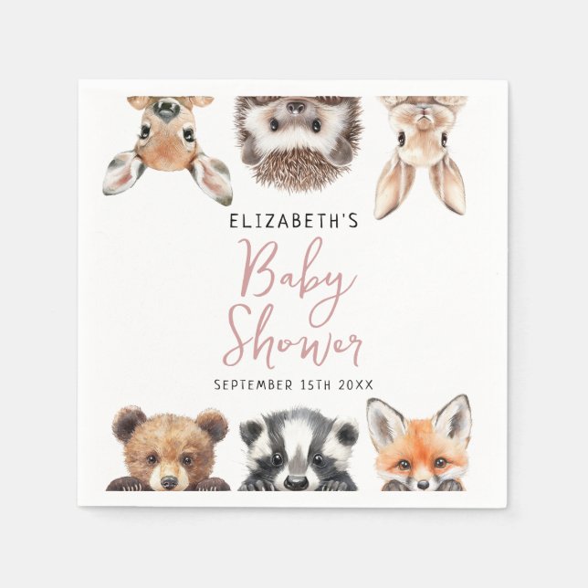 Serviette En Papier Cute Aquarelle Bois Animaux Fille Baby shower (Devant)