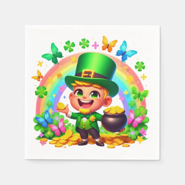 Serviette En Papier Cute arc-en-ciel Leprechaun avec or (Devant)