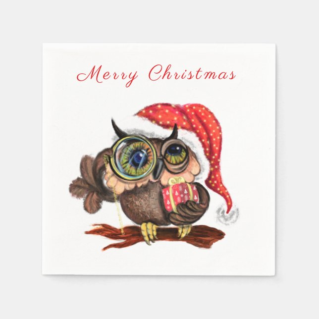 Serviette En Papier Cute Baby Owl In Christmas Hat and Venin For You (Devant)
