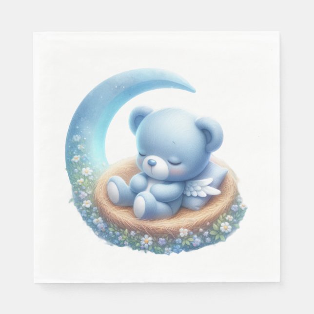 SERVIETTE EN PAPIER CUTE BÉBÉ GARÇON BLEU DORMIR SUR LA LUNE (Devant)