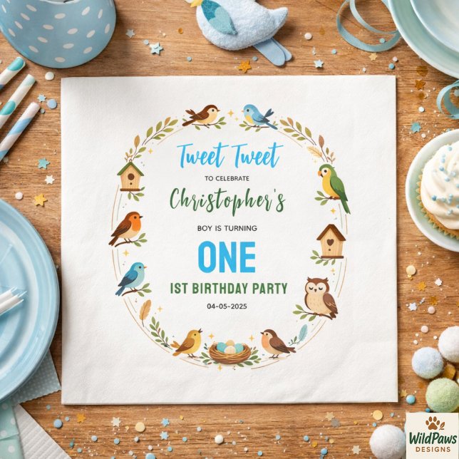Serviette En Papier Cute Birds 1st Birthday Party – Fun Kids  (Cute Birds 1st Birthday Party – Fun Kids Napkins
)