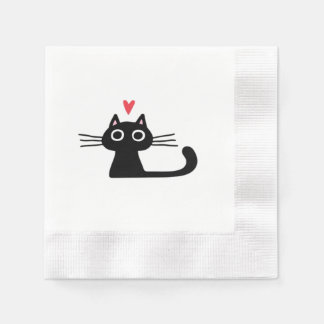 Serviette En Papier Cute Black Cat with Heart  Kitten Valentine Classi