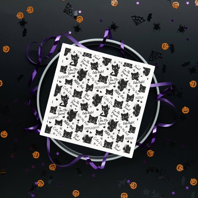 Serviette En Papier Cute Black Cats et Motif des paroles (Cute Black Cats and Sayings with Hearts Pattern  for Cat Lovers and Halloween Paper Napkins)