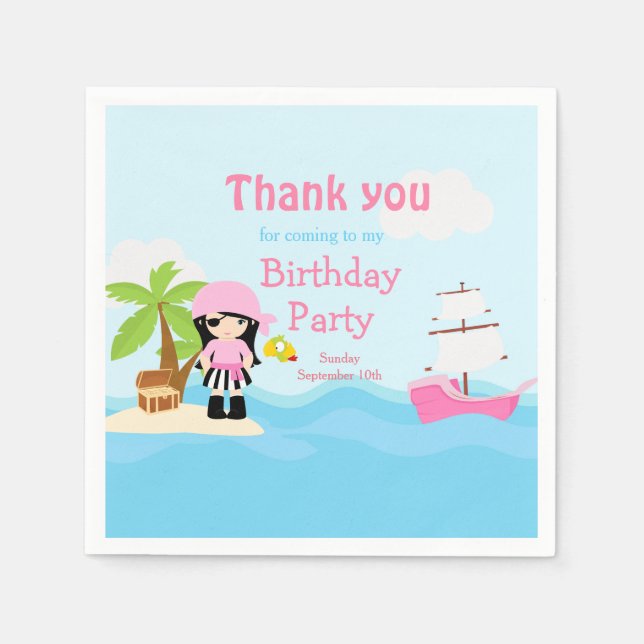Serviette En Papier Cute Black Cheveux Pirate Girl en rose fête d'anni (Devant)