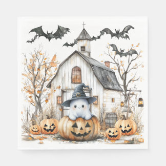 Serviette En Papier Cute blanc et orange Fantôme avec grange d'automne