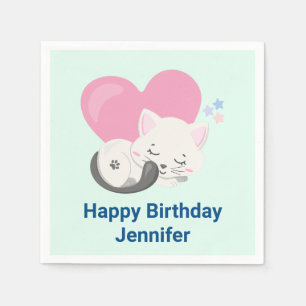 Serviette En Papier Cute Blanc Kitty Chat Dormir Anniversaire
