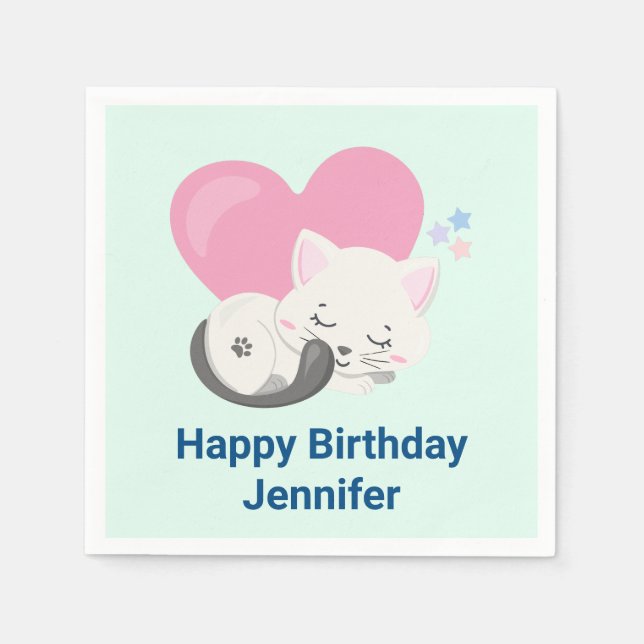 Serviette En Papier Cute Blanc Kitty Chat Dormir Anniversaire (Devant)