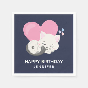 Serviette En Papier Cute Blanc Kitty Chat Dormir Anniversaire