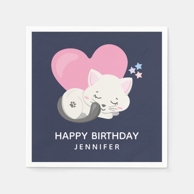 Serviette En Papier Cute Blanc Kitty Chat Dormir Anniversaire (Devant)