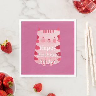 Serviette En Papier Cute Blanc Rose Chat Anniversaire Personnalisé