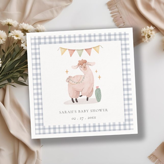 Serviette En Papier Cute bleu Plaid Cactus Boho Llama Baby shower (Créateur téléchargé)