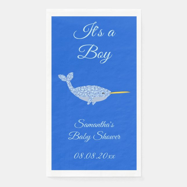 Serviette En Papier Cute Blue Baby Boy Narwhal Baby shower personnalis (Devant)