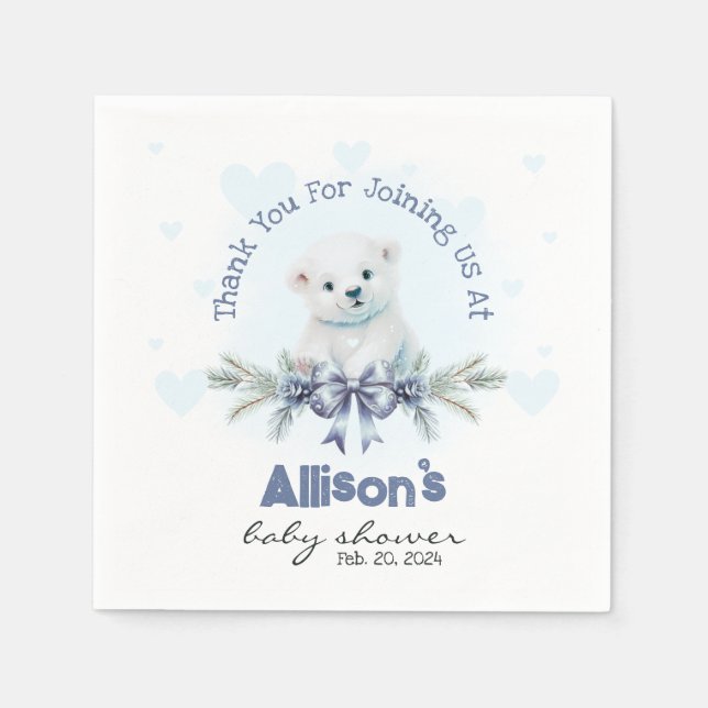 Serviette En Papier Cute Blue Boy Bear Cub Coeurs Baby shower d'hiver (Devant)