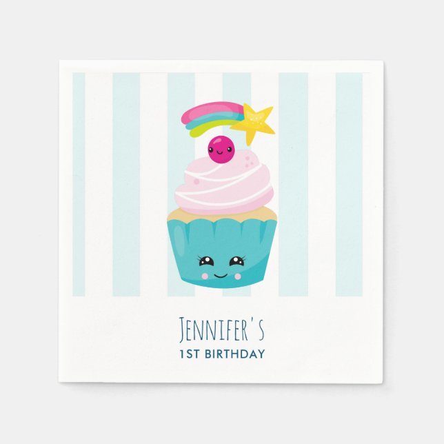 Serviette En Papier Cute Blue Cupcake avec Kawaii Face Anniversaire (Devant)