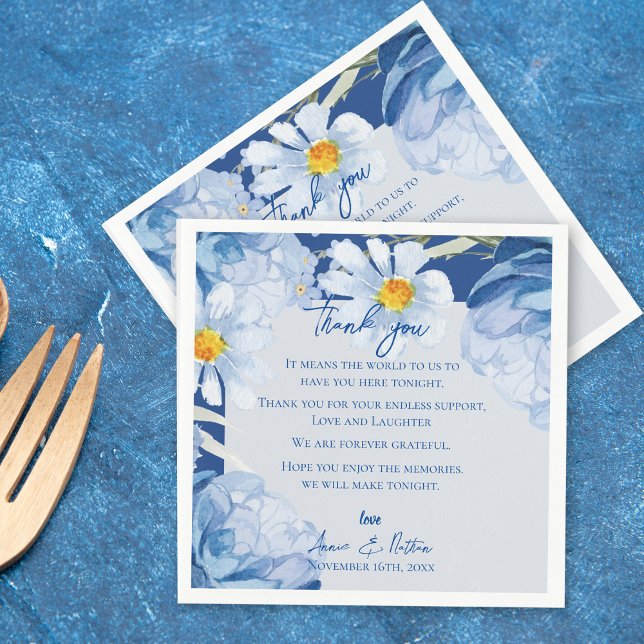 Serviette En Papier Cute Blue Floral tendance Merci Mariage Message (Cute Blue Floral Trendy Wedding Thank you Message Napkins)