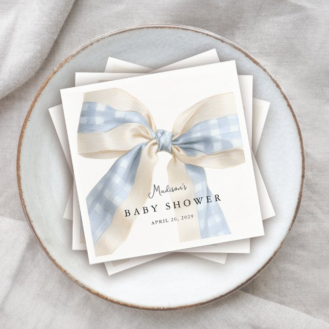 Serviette En Papier Cute Blue Gingham Checks Bow Baby Shower (Créateur téléchargé)