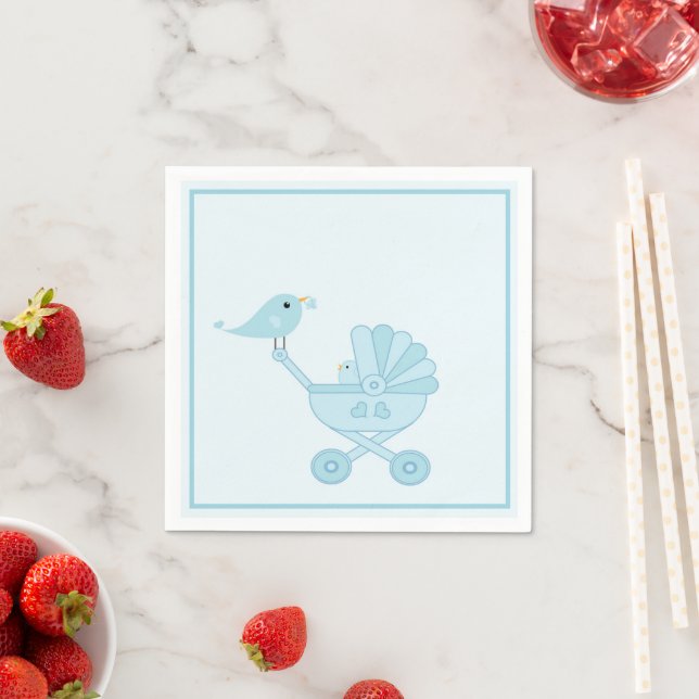 Serviette En Papier Cute Blue Retro Bird Baby Carriage Baby shower gar (En situation)