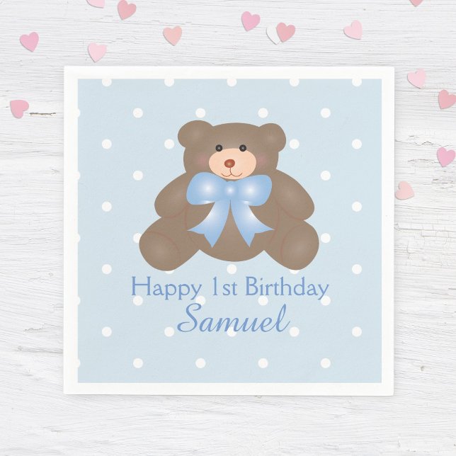 Serviette En Papier Cute Blue Ribbon Teddy Bear Boy Anniversaire (Créateur téléchargé)