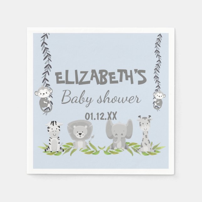 Serviette En Papier Cute Blue Safari Animaux Garçon Baby shower (Devant)