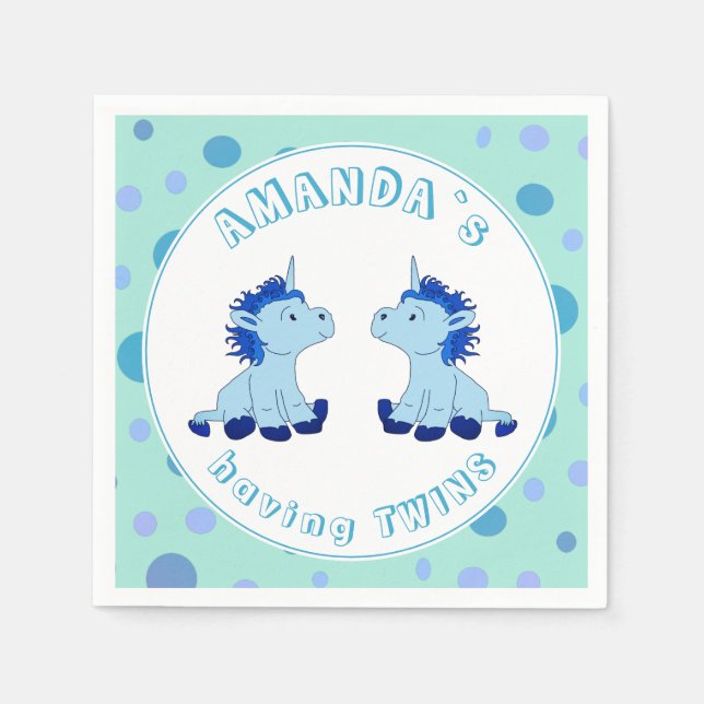 Serviette En Papier Cute Blue Unicorn Twin Boys Baby shower (Devant)