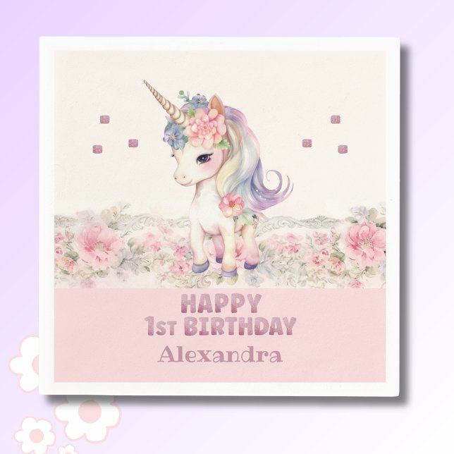 Serviette En Papier Cute Blush Rose Girl Unicorn 1er anniversaire (Créateur téléchargé)
