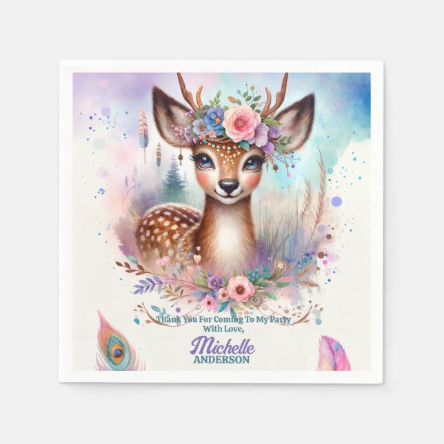 Serviette En Papier Cute Boho Aquarelle Woodland Deer Anniversaire (Devant)