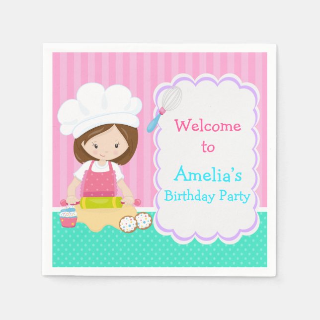 Serviette En Papier Cute Brunette Fille Baking Anniversaire (Devant)
