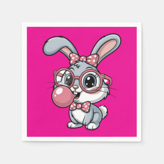 Serviette En Papier Cute Bunny with Glasses Blowing Bubble Gum
