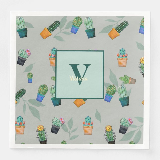 Serviette En Papier Cute Cactus Motif de fleurs vertes (Devant)