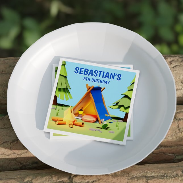 Serviette En Papier Cute Camping Bonfire Pine Tree Anniversaire de enf (Cute Camping Bonfire Pine Tree Kids Birthday Party Napkins)