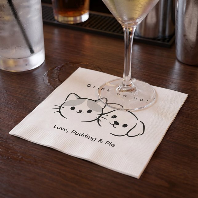 Serviette En Papier Cute Cat & Dog Line Art "Drink on Us!" Cocktail Na (Créateur téléchargé)