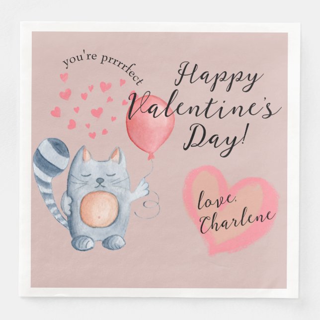 Serviette En Papier Cute Chat et Balloon Saint Valentin (Devant)