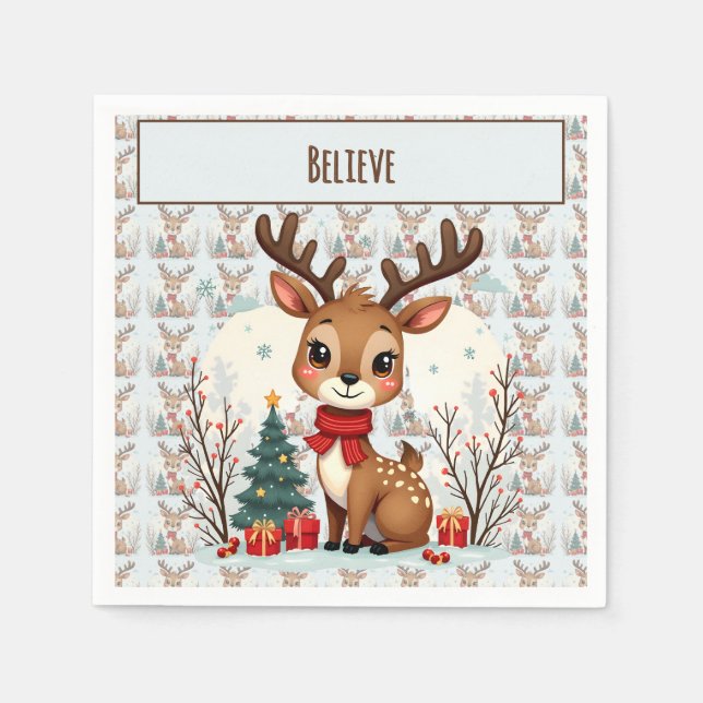 Serviette En Papier Cute Christmas Reindeer Scene Snowy Forest (Devant)