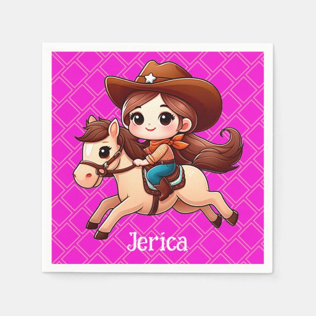 Serviette En Papier Cute Cowgirl et Cheval Western Rose (Devant)