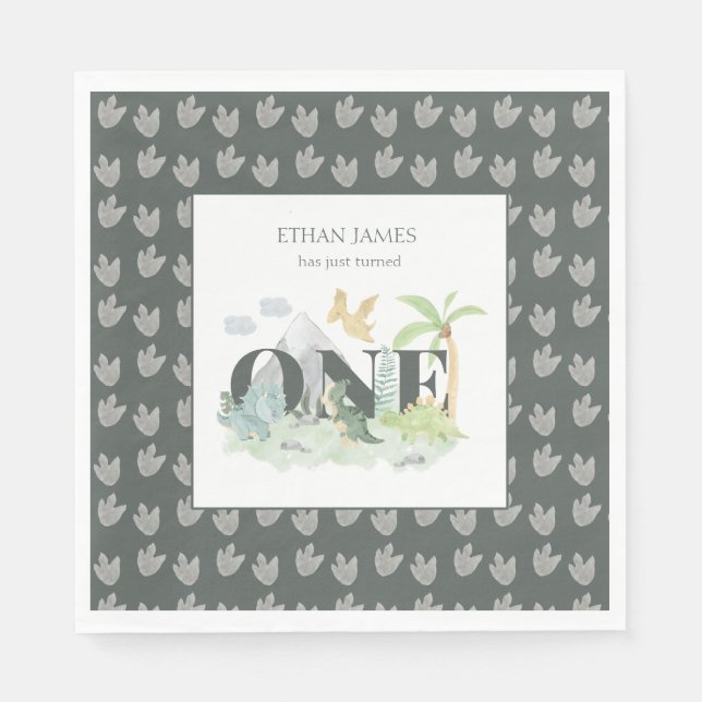Serviette En Papier Cute Dinosaur Jungle Aquarelle garçon 1er annivers (Devant)