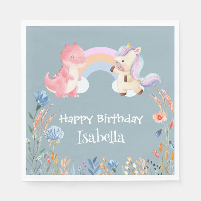 Serviette En Papier Cute Dinosaur Unicorn arc-en-ciel Fleur anniversai (Devant)