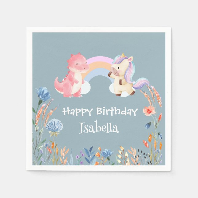 Serviette En Papier Cute Dinosaur Unicorn arc-en-ciel Fleur anniversai (Devant)