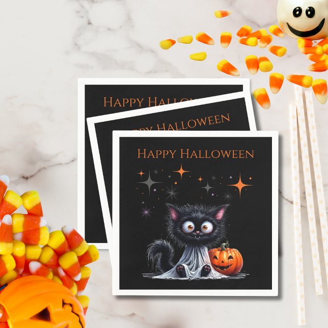 Serviette En Papier Cute Drôle Fantôme Noir Kitten Halloween (Créateur téléchargé)