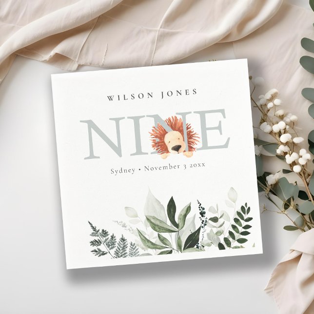 Serviette En Papier Cute Dusky Blue Lion Foliage 9e Anniversaire (Créateur téléchargé)