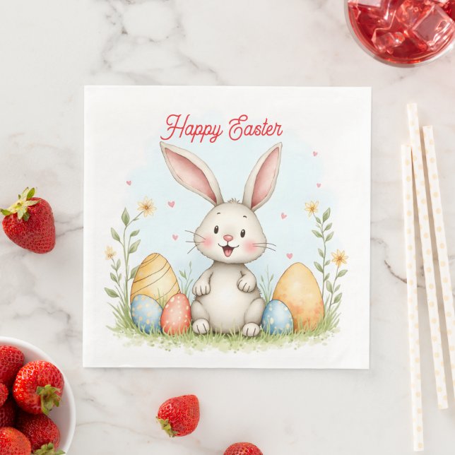 Serviette En Papier Cute Easter Bunny And Eggs Trendy Collection (En situation)