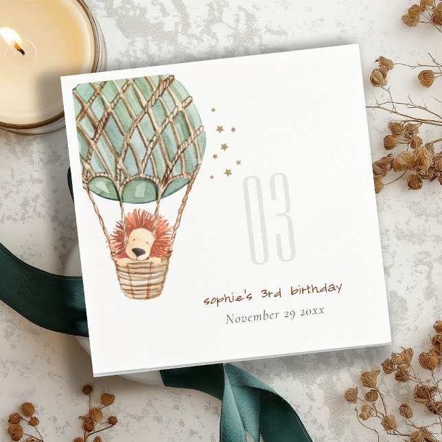 Serviette En Papier Cute Eco Green Hot Air Balloon Lion Anniversaire d (Créateur téléchargé)