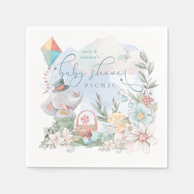 Serviette En Papier Cute Elephant Floral Nature Baby shower Pique-niqu (Devant)