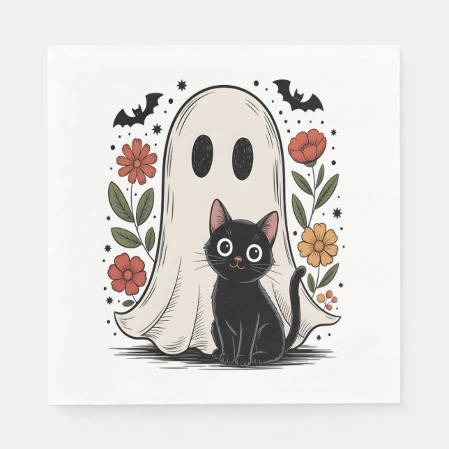 Serviette En Papier Cute Fantôme d'Halloween et chat (Devant)