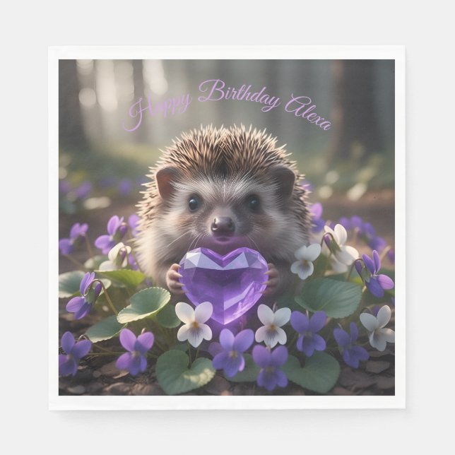 Serviette En Papier Cute February Hedgehog with Amethyst Heart (Devant)