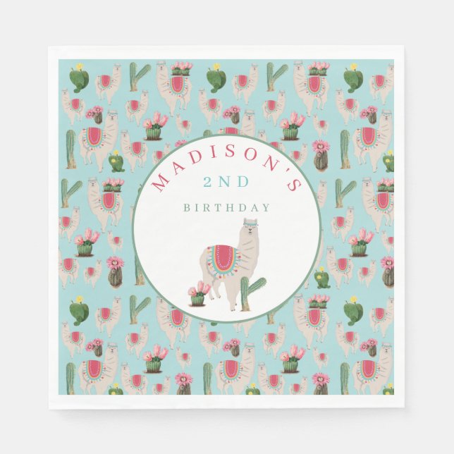 Serviette En Papier Cute Fiesta Llama & Cactus Anniversaire de enfant (Devant)