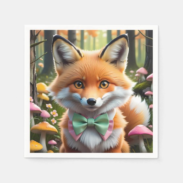 Serviette En Papier Cute Fox avec arc vert et rose (Devant)