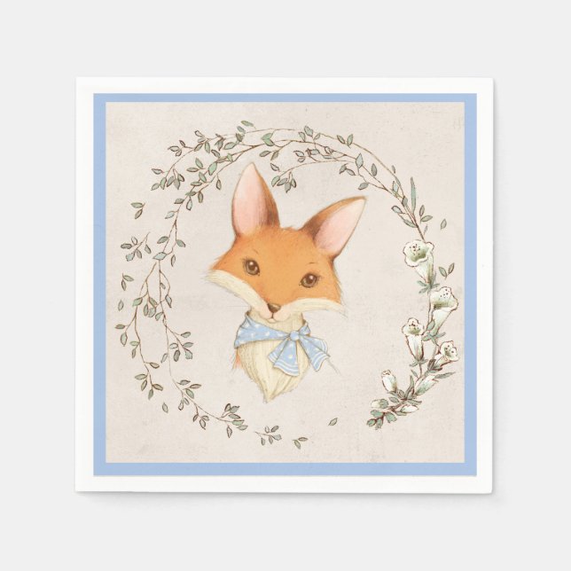 Serviette En Papier Cute Fox Blue Floral Boy (Devant)