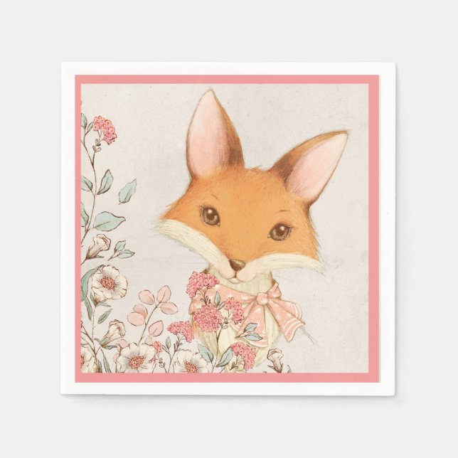 Serviette En Papier Cute Fox Rose Floral Girl (Devant)