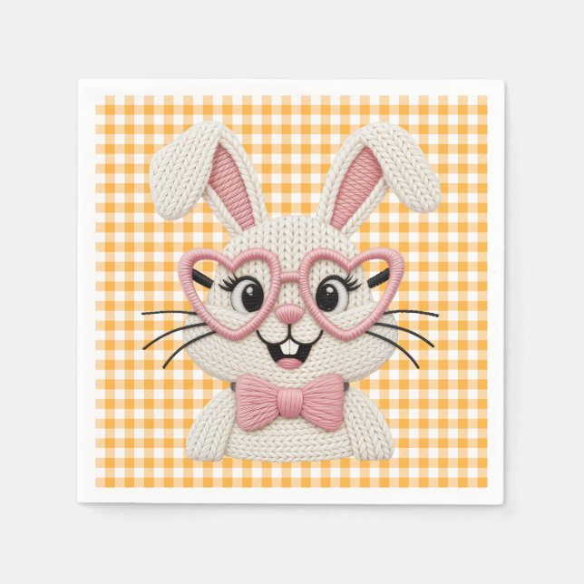 Serviette En Papier Cute Gingham Bunny Pink Heart Glasses  (Devant)