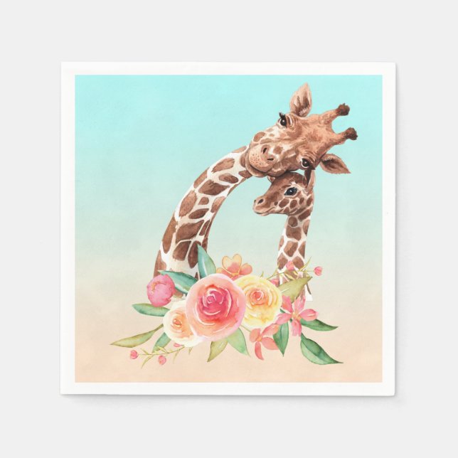 Serviette En Papier Cute Giraffe Aquarelle Maman & Bébé (Devant)